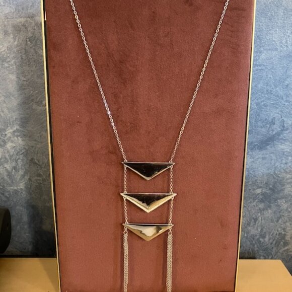 WHBM WHITE HOUSE BLACK MARKET Silver Tone Chain Necklace Triangles Chain Tassels - Picture 1 of 3